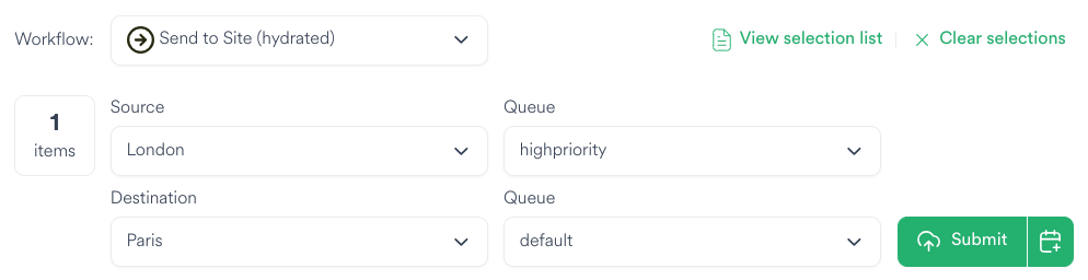 Select source and destination sites and queues to assign workflow to.