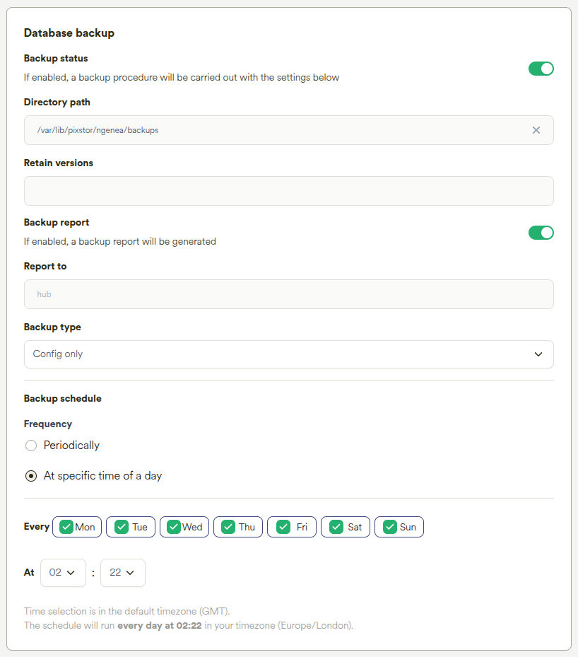 Hub database backup settings