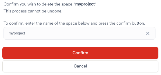 Type the Space name in the Space Delete Confirmation Dialog